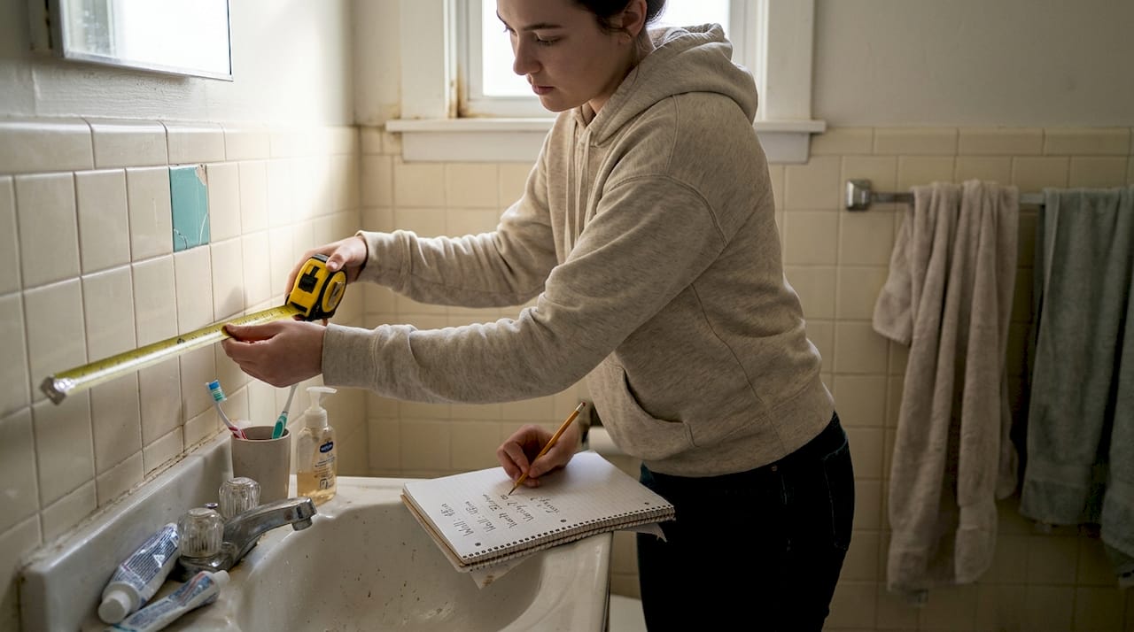 Person measuring bathroom for renovation