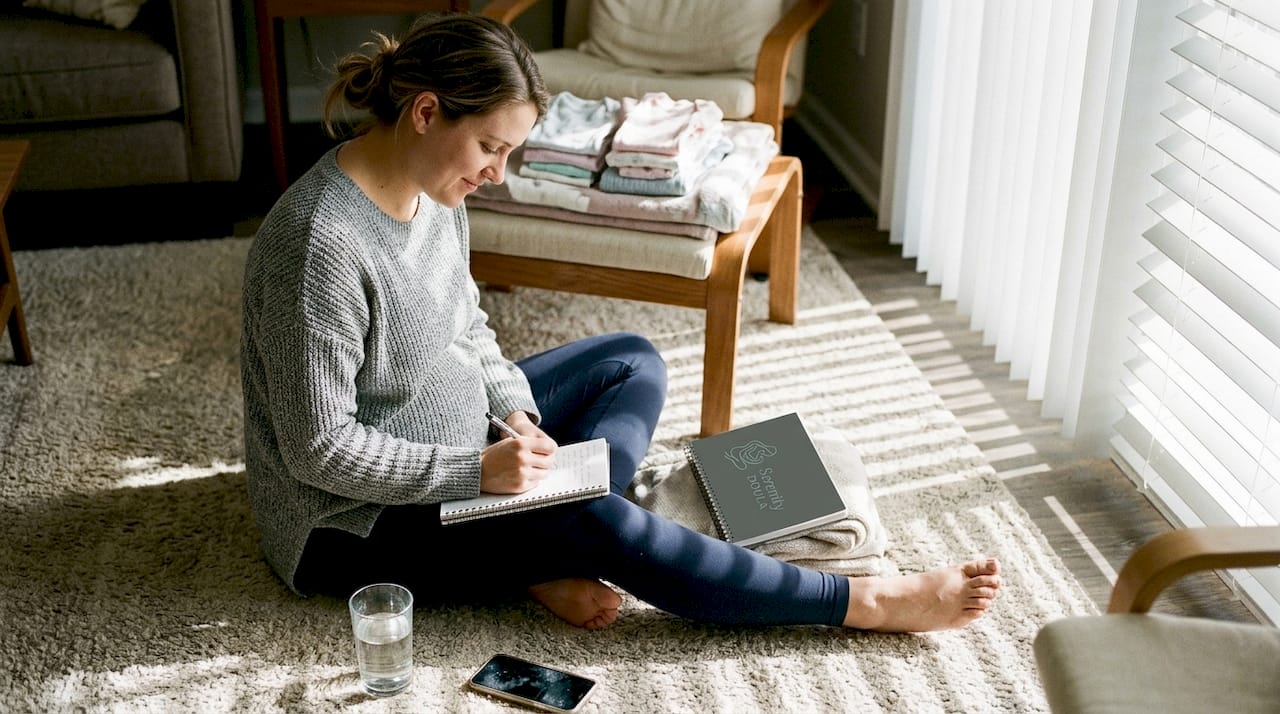 Pregnant woman journaling stress management tips