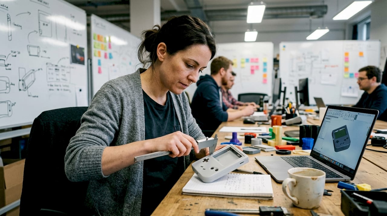 Designer measuring prototype with digital calipers