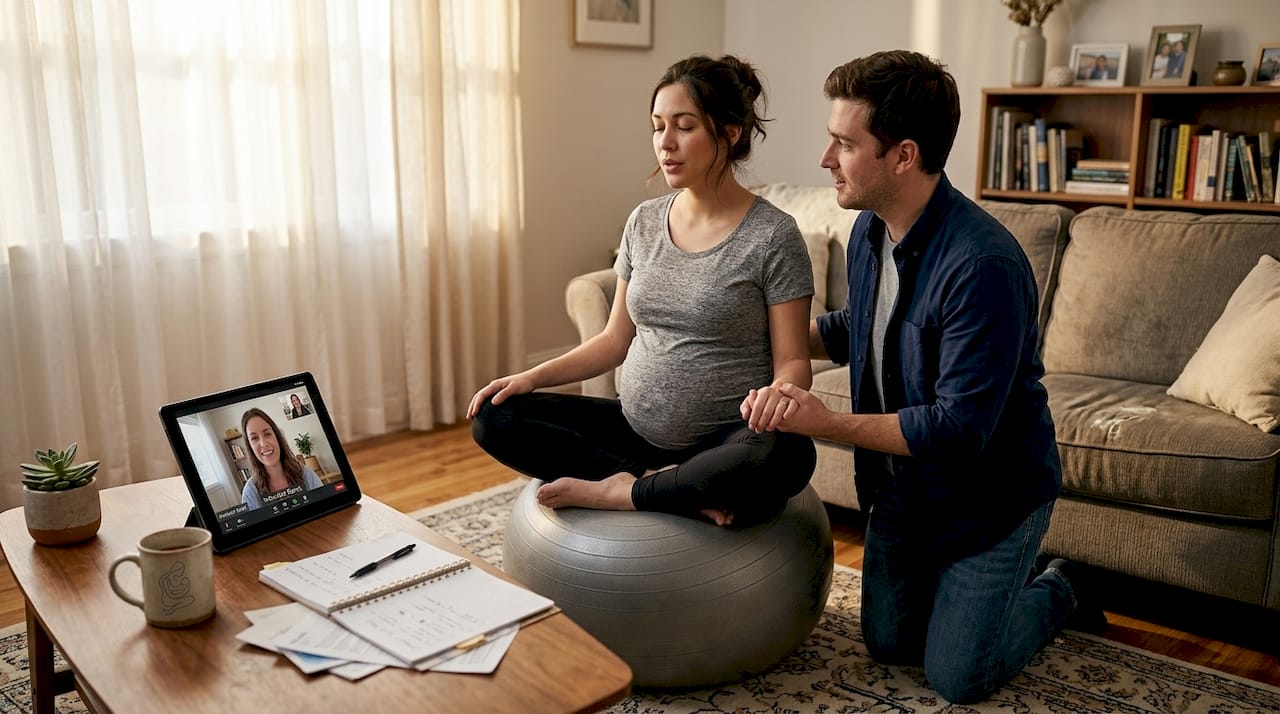 Couple practicing childbirth comfort techniques at home