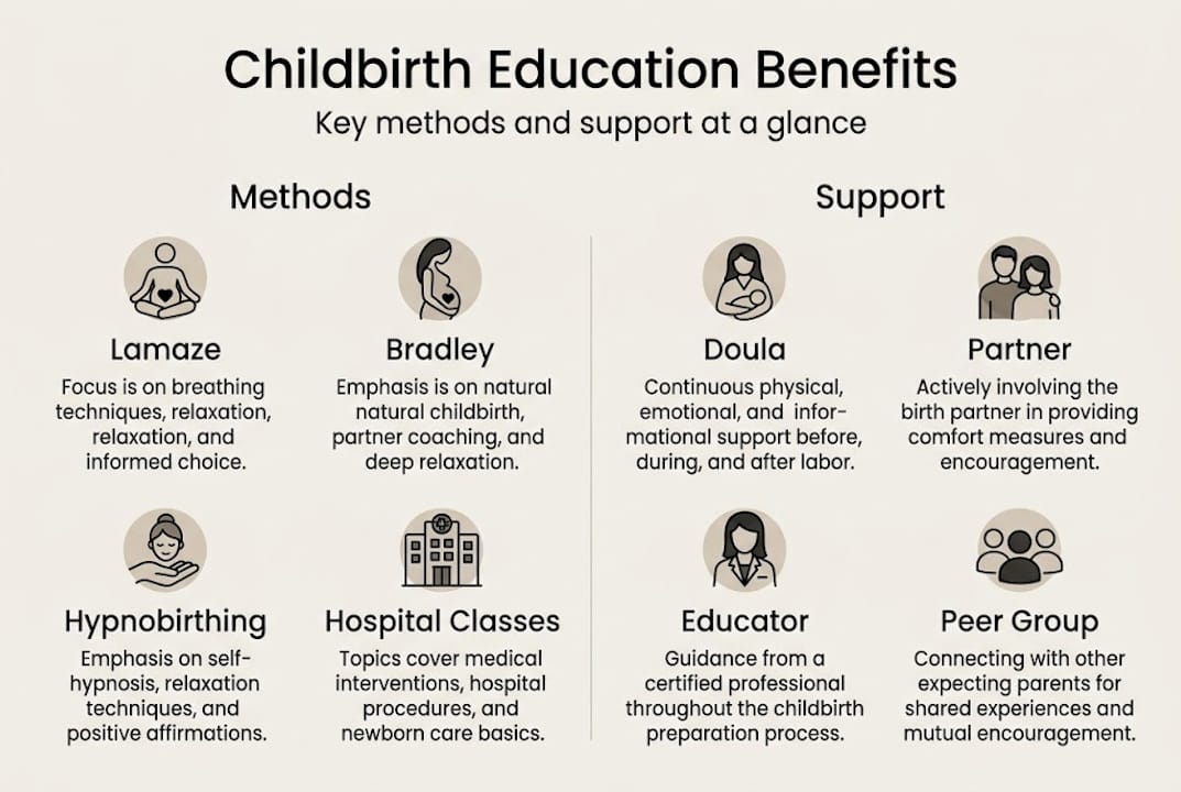 Infographic overview of childbirth education methods and support