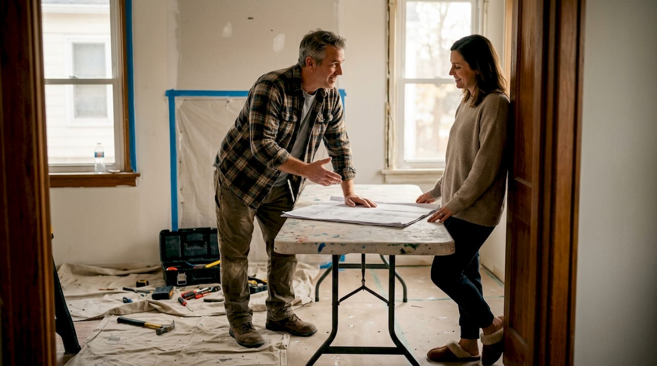 Manager and homeowner review remodeling plans onsite