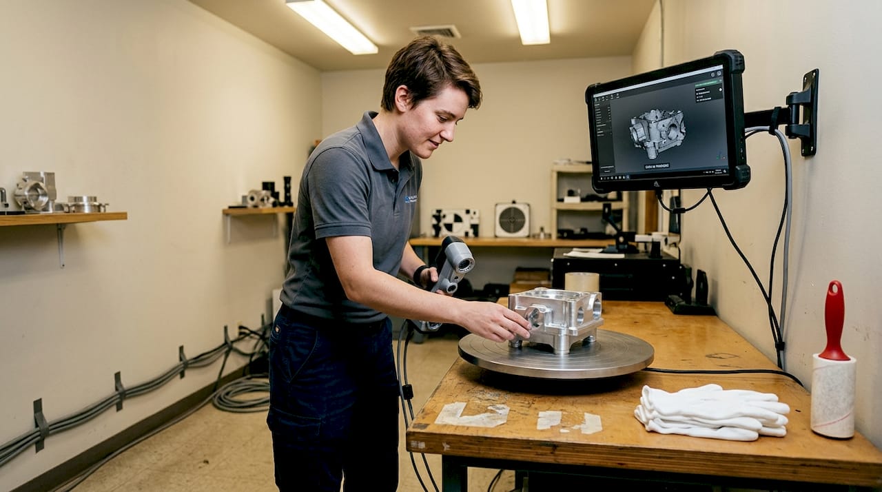 Technician prepping part in scanning room