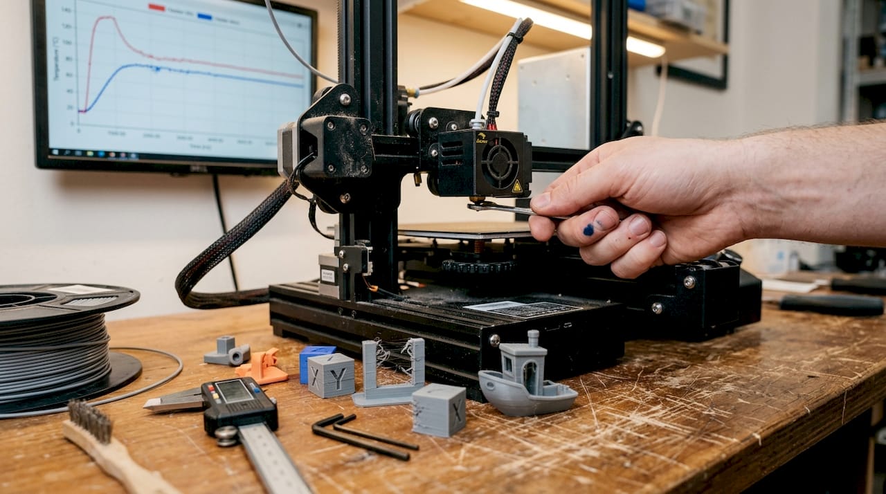 Hand adjusting FDM 3D printer nozzle detail