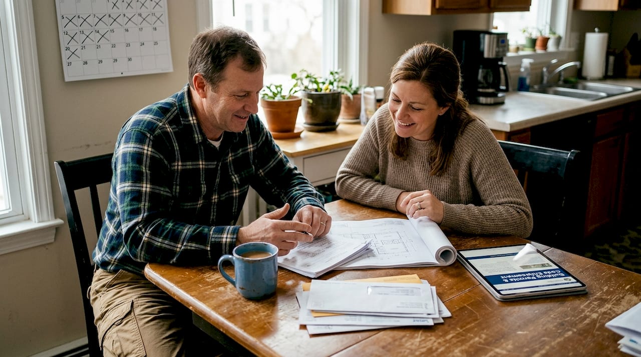Contractor and homeowner reviewing permit paperwork
