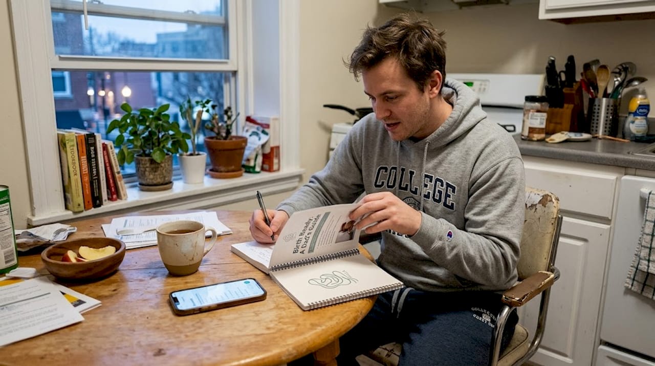 Father makes birth plan notes at kitchen table