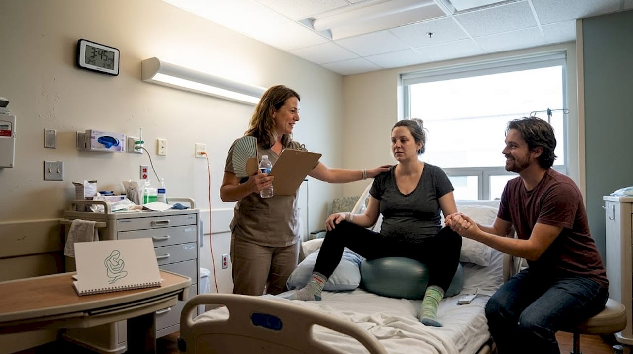 Doula supports woman during labor in hospital