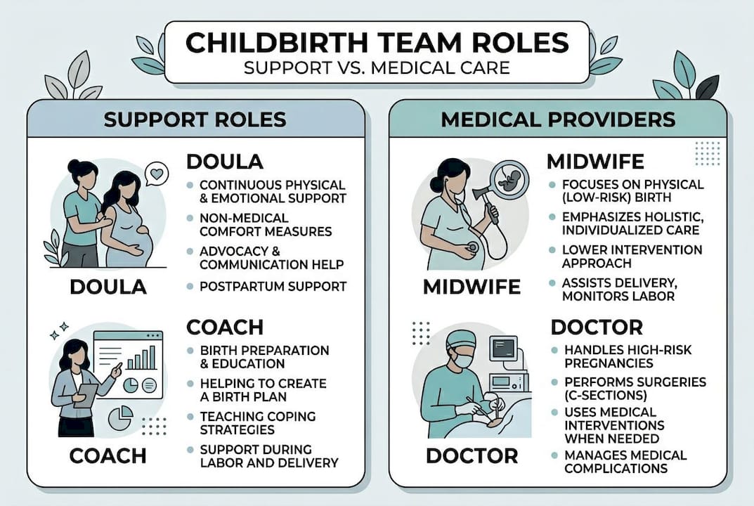 Infographic comparing birth coach and medical roles