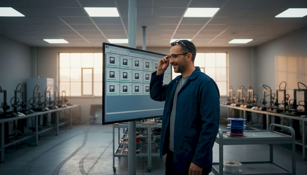 Technician monitors AI-driven 3D printing factory