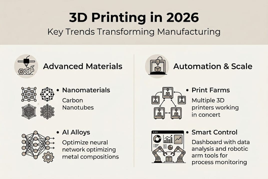 Infographic showing 2026 3D printing trends overview