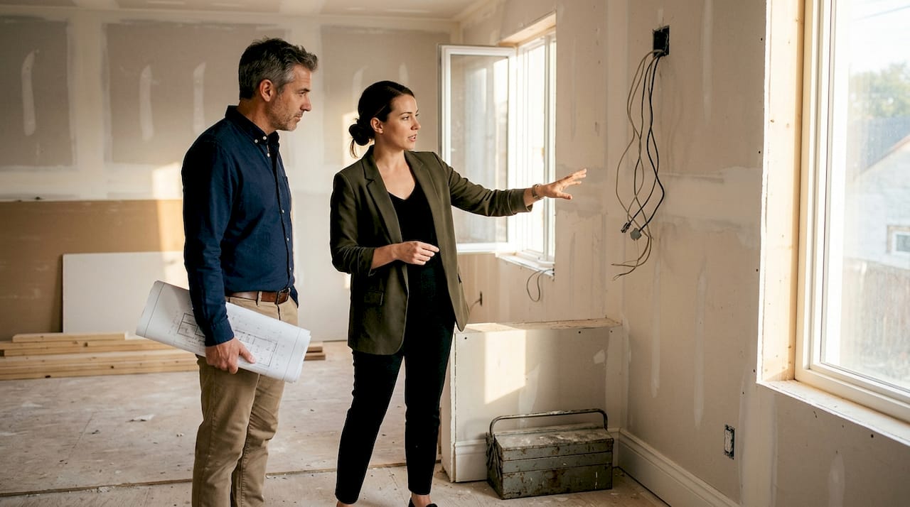 Designer and architect onsite reviewing finishes