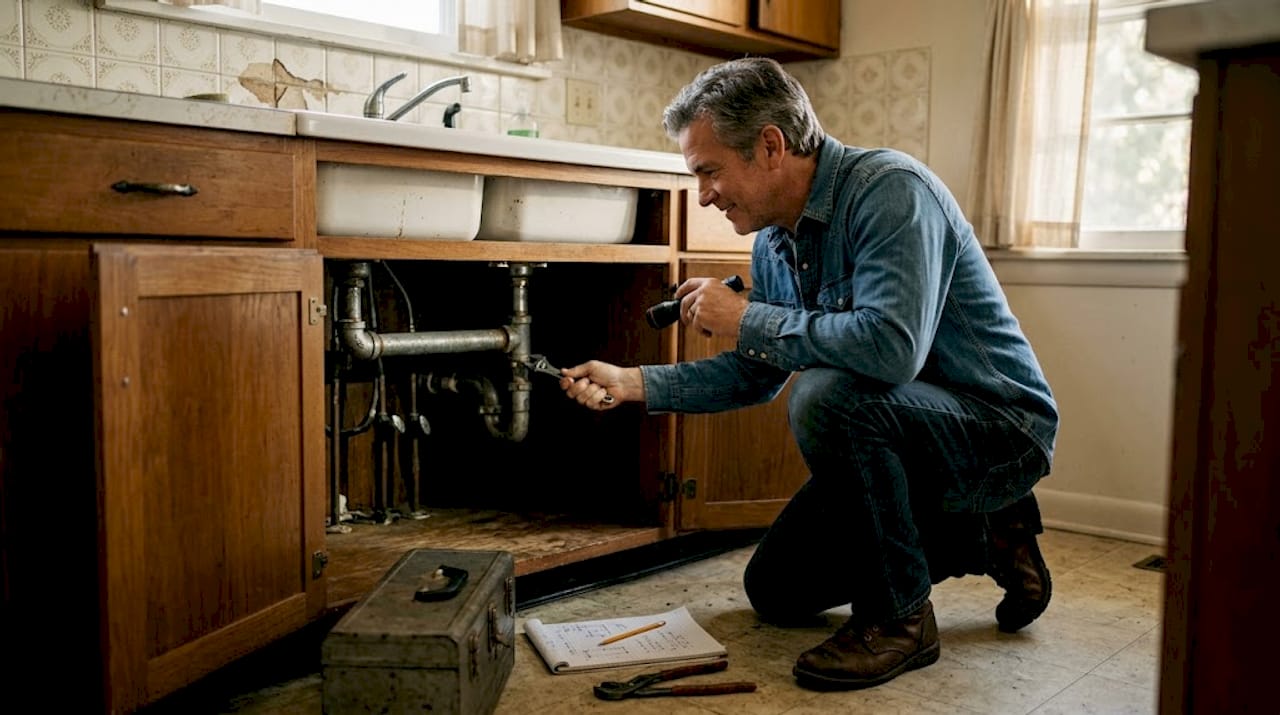 Plumber checking pipes under kitchen sink