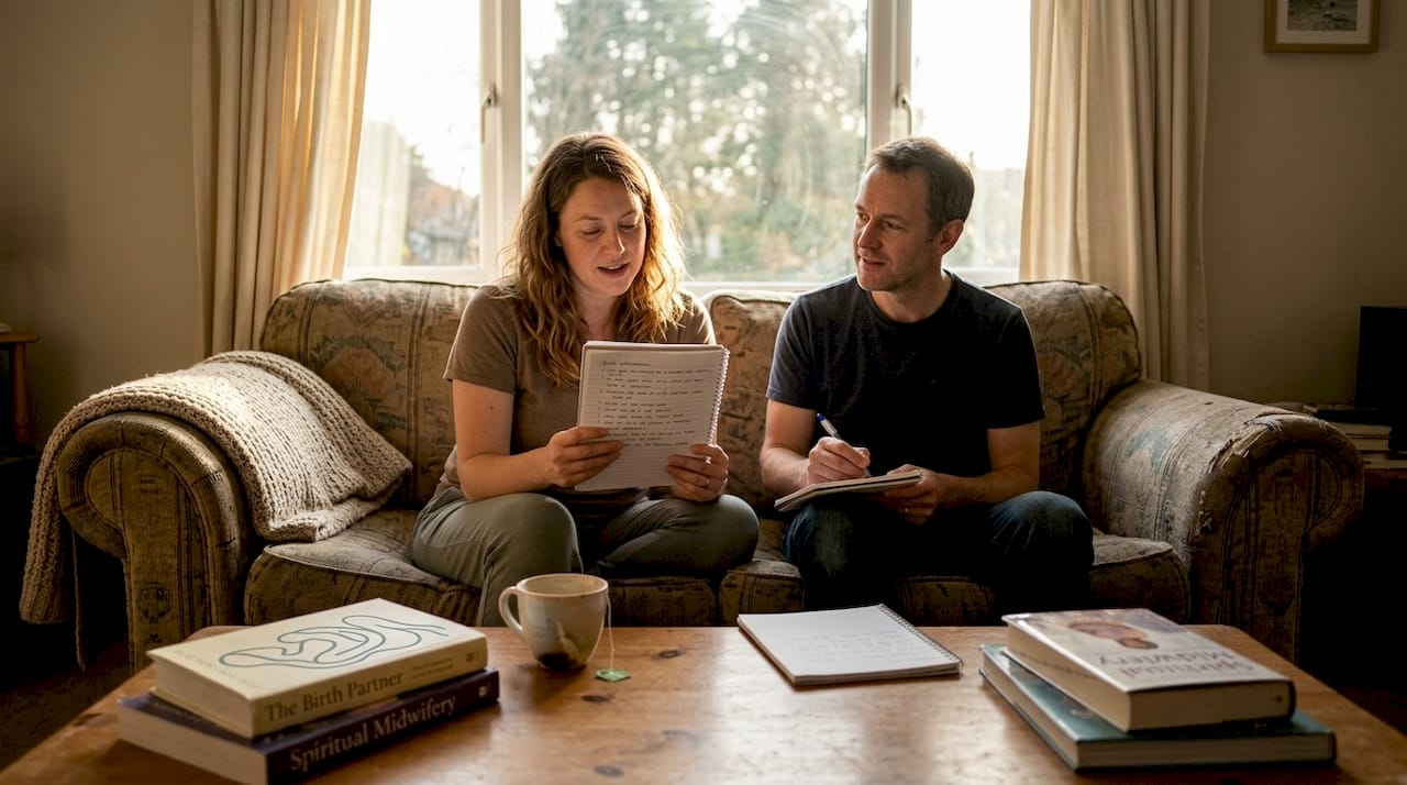 Couple sharing emotional birth support on sofa