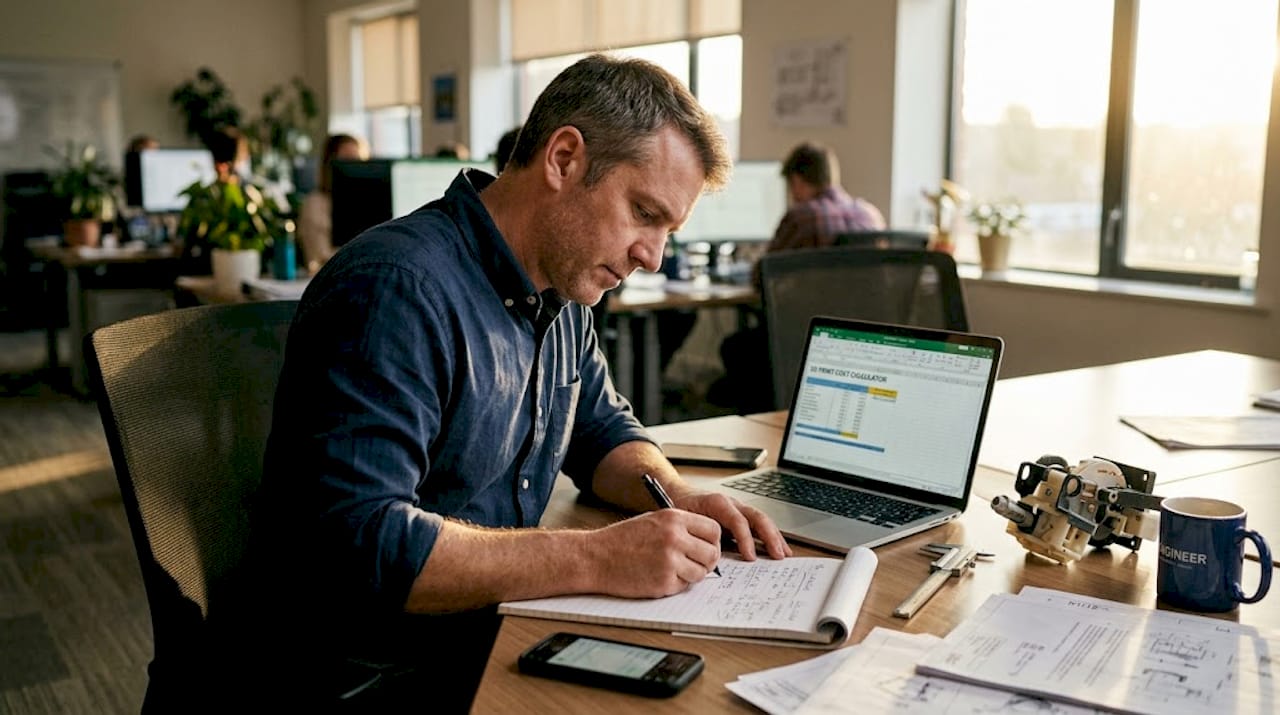 Engineer calculating 3D printing quote by hand