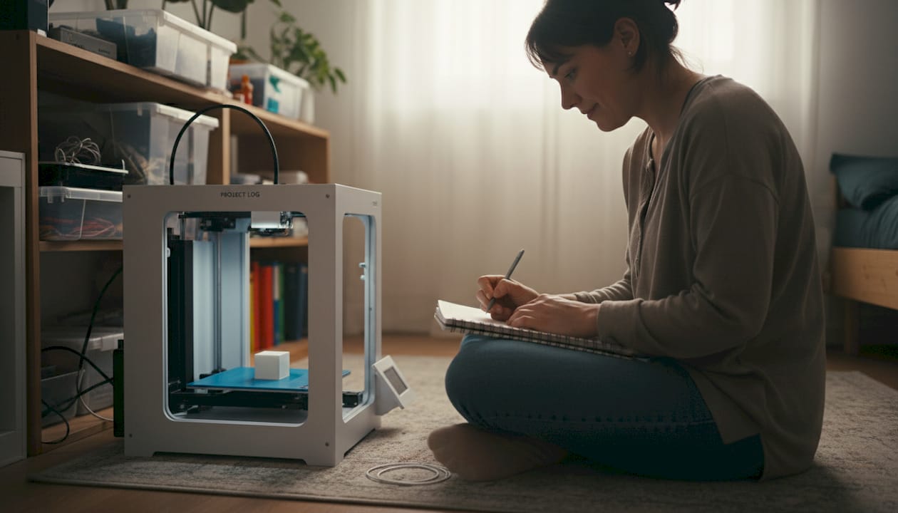 Woman calibrates 3D printer for new filament