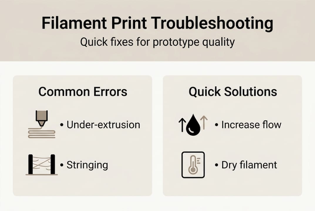 Infographic with filament troubleshooting and solutions