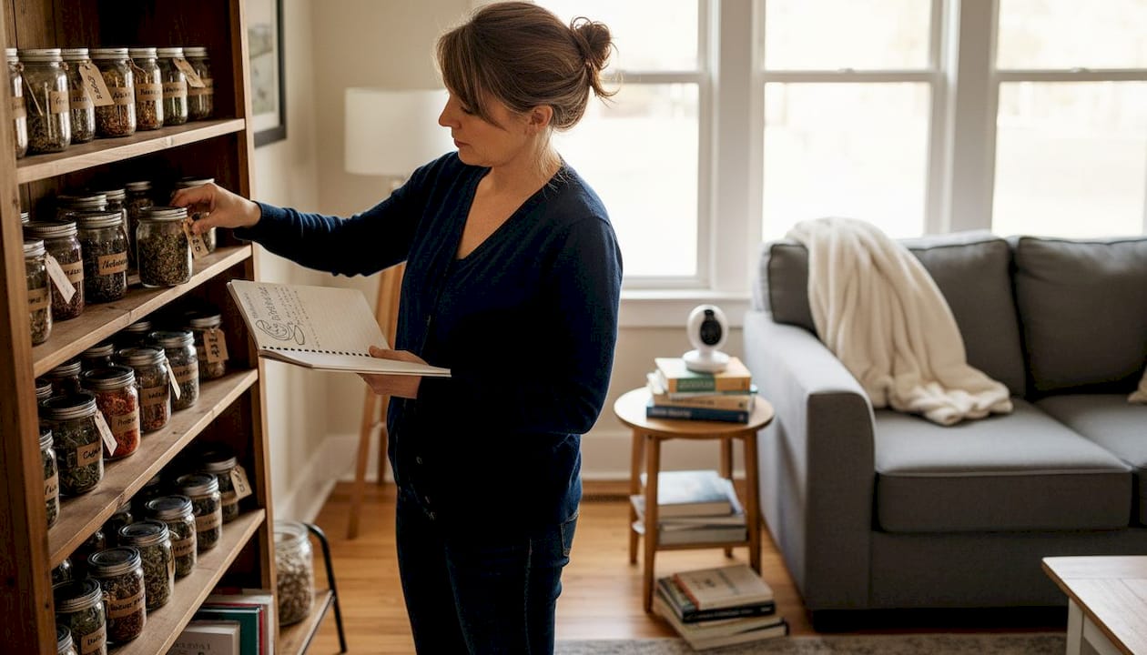 Midwife organizing postpartum herbal jars