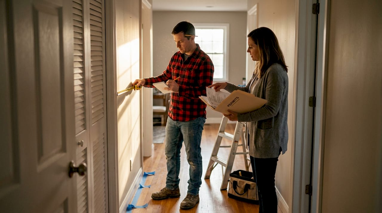 Contractor measuring hallway with homeowner present