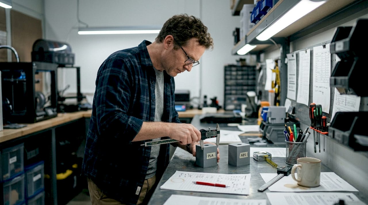 Engineer measuring 3D printed PLA and ABS blocks