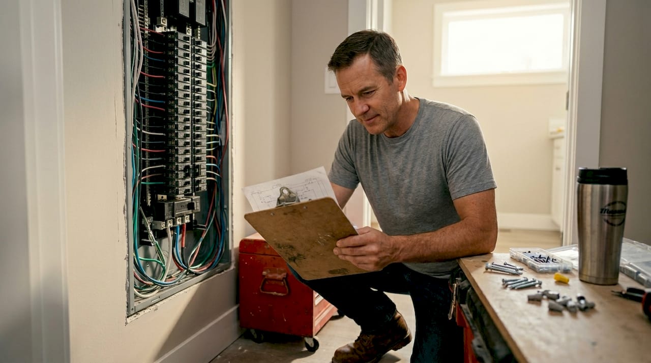 Contractor troubleshooting exposed wiring in hallway