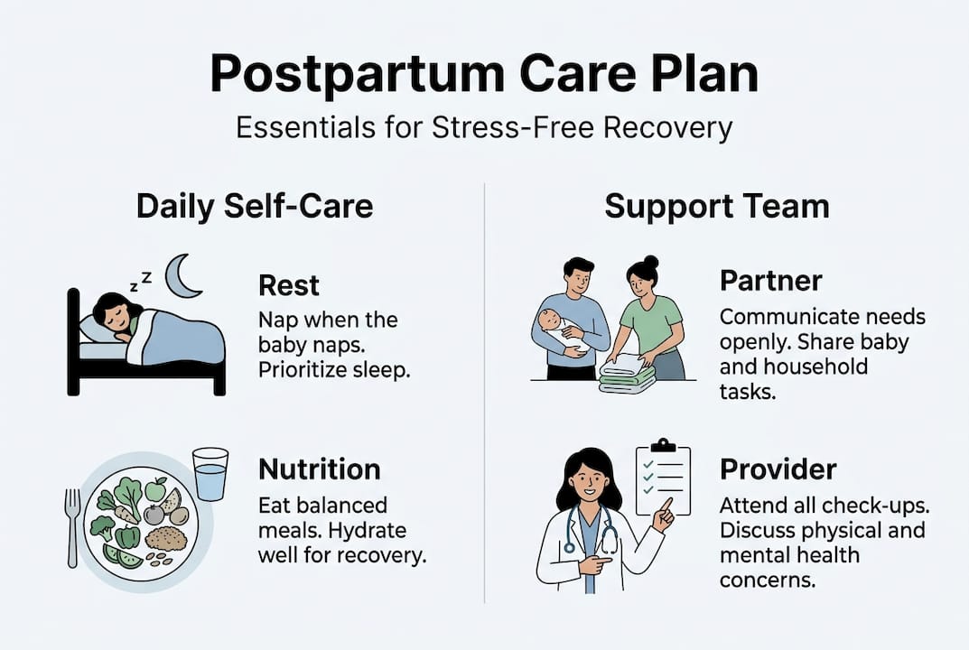 Infographic showing postpartum care essentials and team