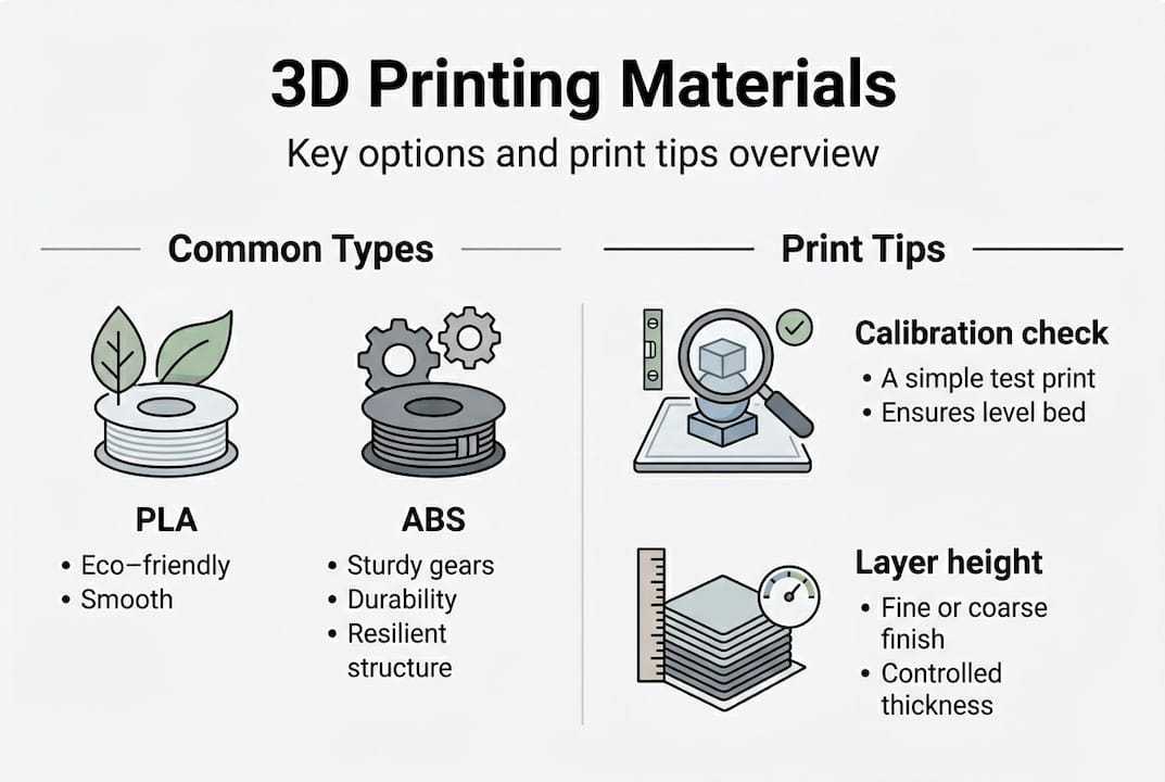 Infographic showing 3D printing materials and tips