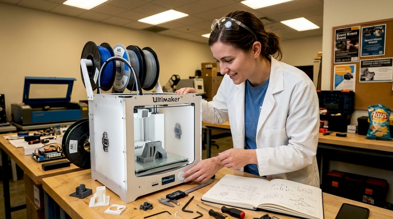 Technician adjusting 3D printer with functional part