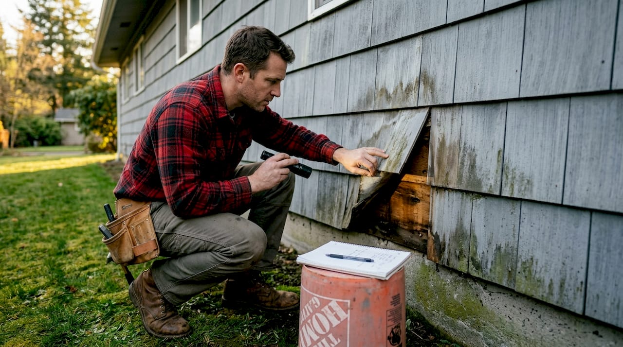 Contractor inspects home siding for moisture damage