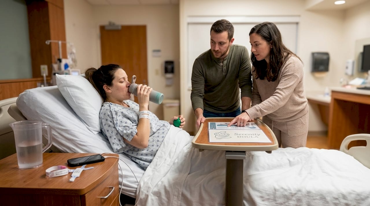 Doula guides partner supporting laboring mother