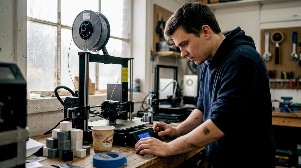 Technician adjusts FDM printer settings in workshop