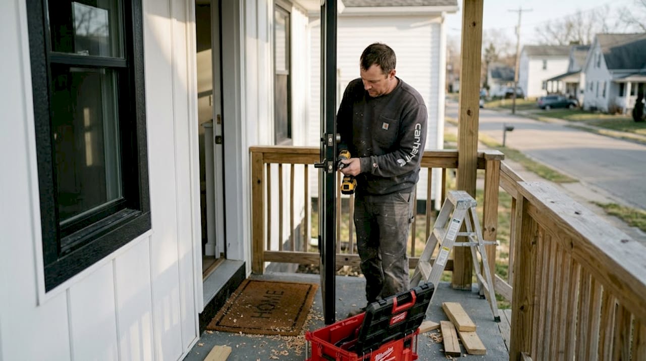 Contractor installing new steel front door