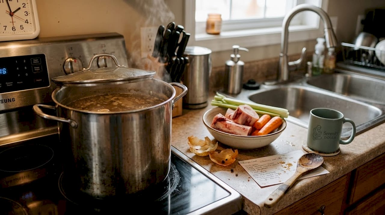 Bone broth ingredients beside simmering stockpot