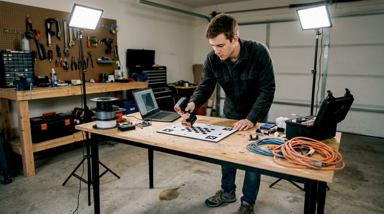 Engineer calibrates scanner under controlled lighting