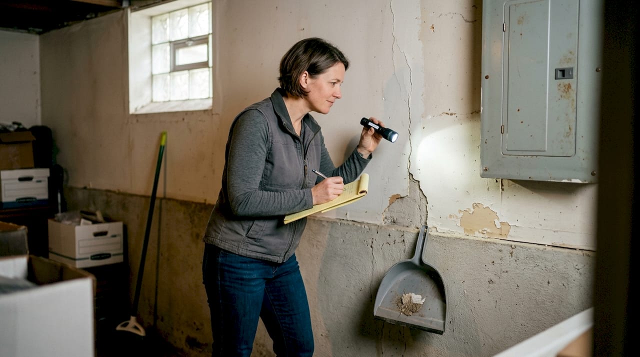 Contractor assessing basement during home survey