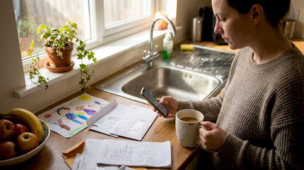 Mother multitasking in cluttered kitchen morning