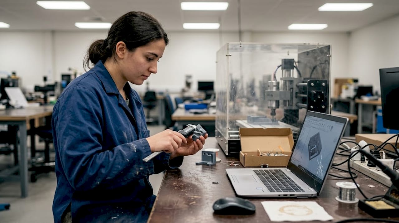 Engineer measuring 3D printed part at bench