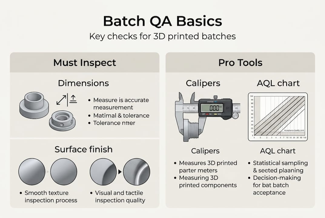 Infographic showing batch 3D print QA basics