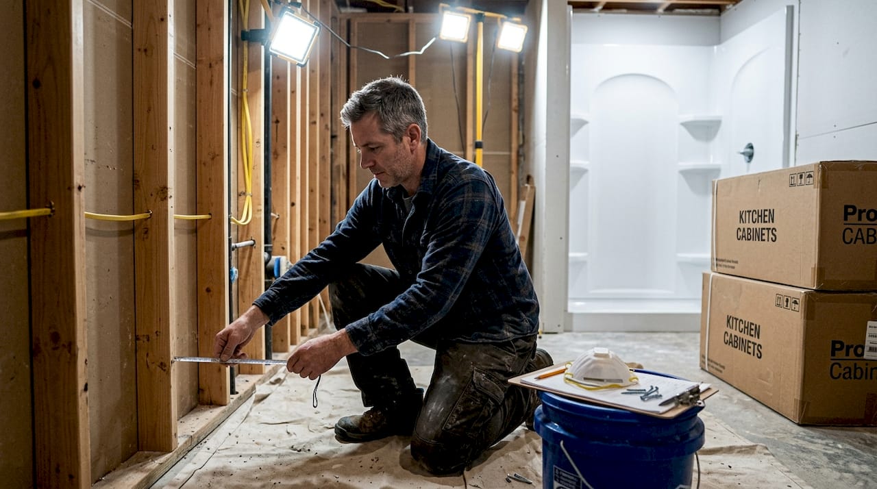 Contractor measuring in basement renovation site