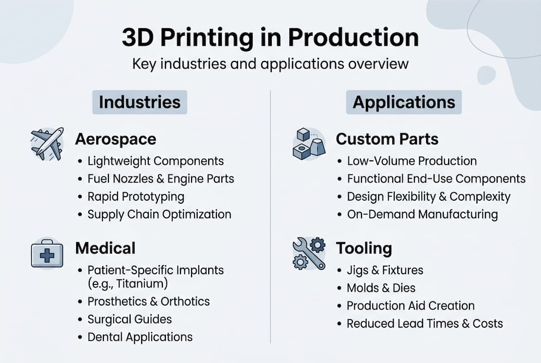 Infographic of 3D printing applications by industry