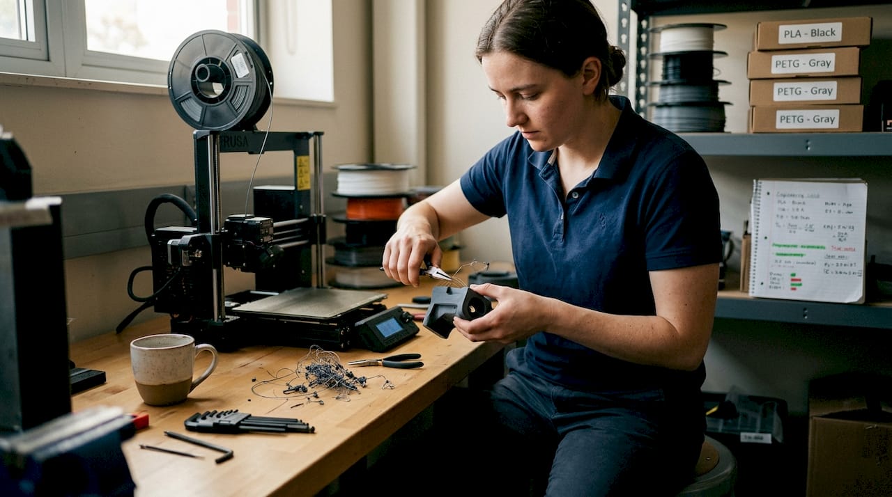 Engineer removing wasted filament from printer