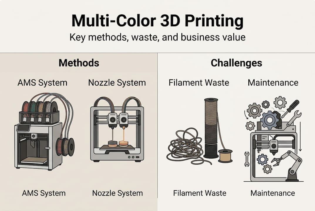 Infographic showing multi-color 3D printing methods and challenges