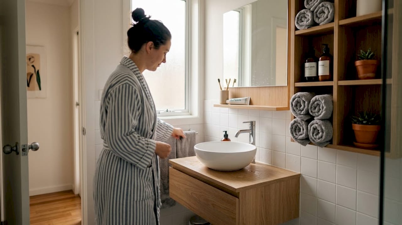 Compact bathroom showing vertical storage solutions
