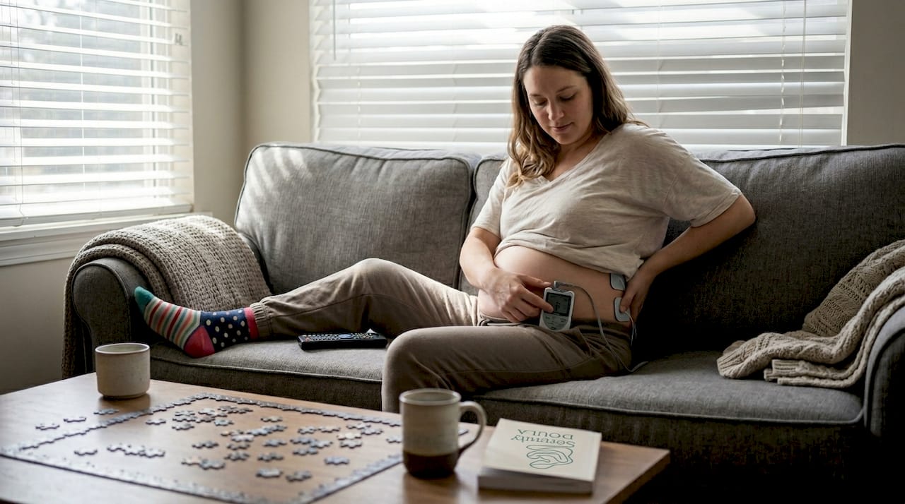 Pregnant woman adjusting TENS unit at home