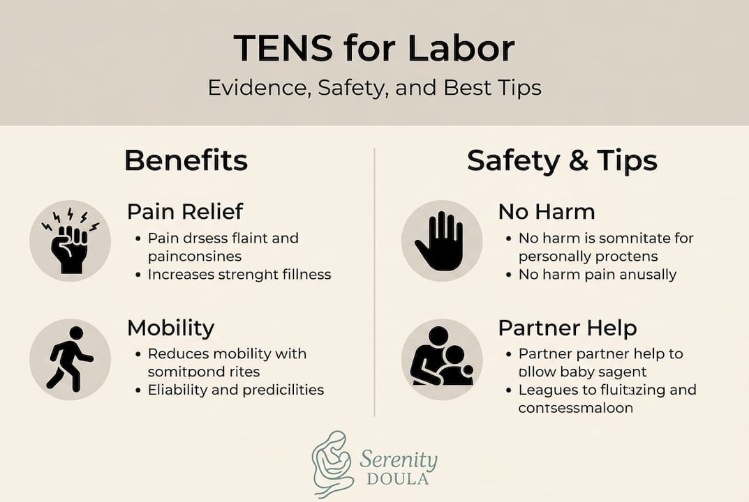 Infographic on TENS labor pain relief with safety and tips