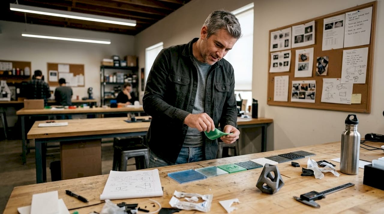 Artist comparing 3D printed material samples