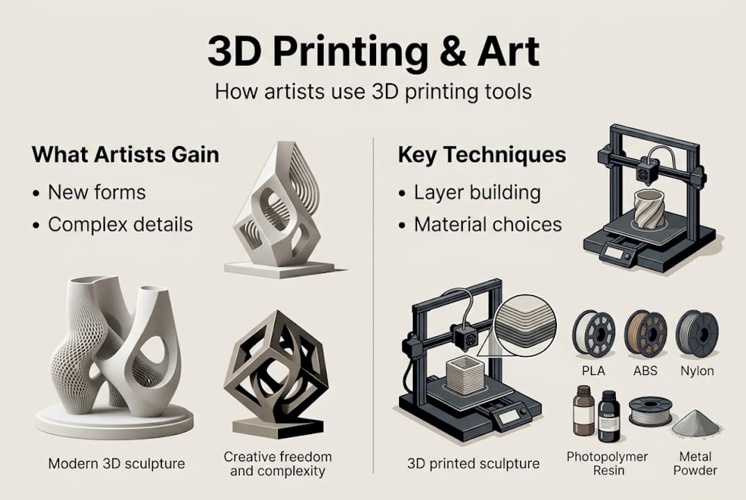 Infographic of 3D printing in art with main points