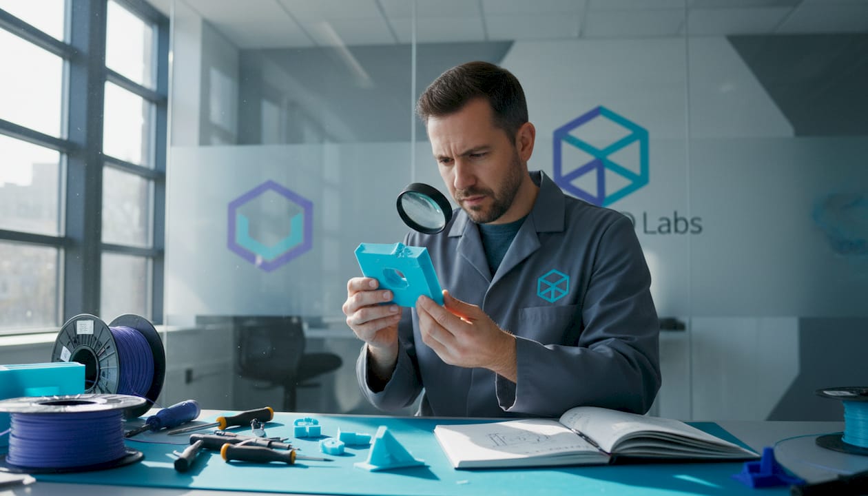 Technician examining failed 3D printed part