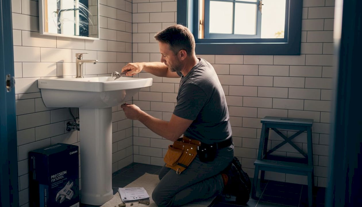 Man installing modern bathroom faucet