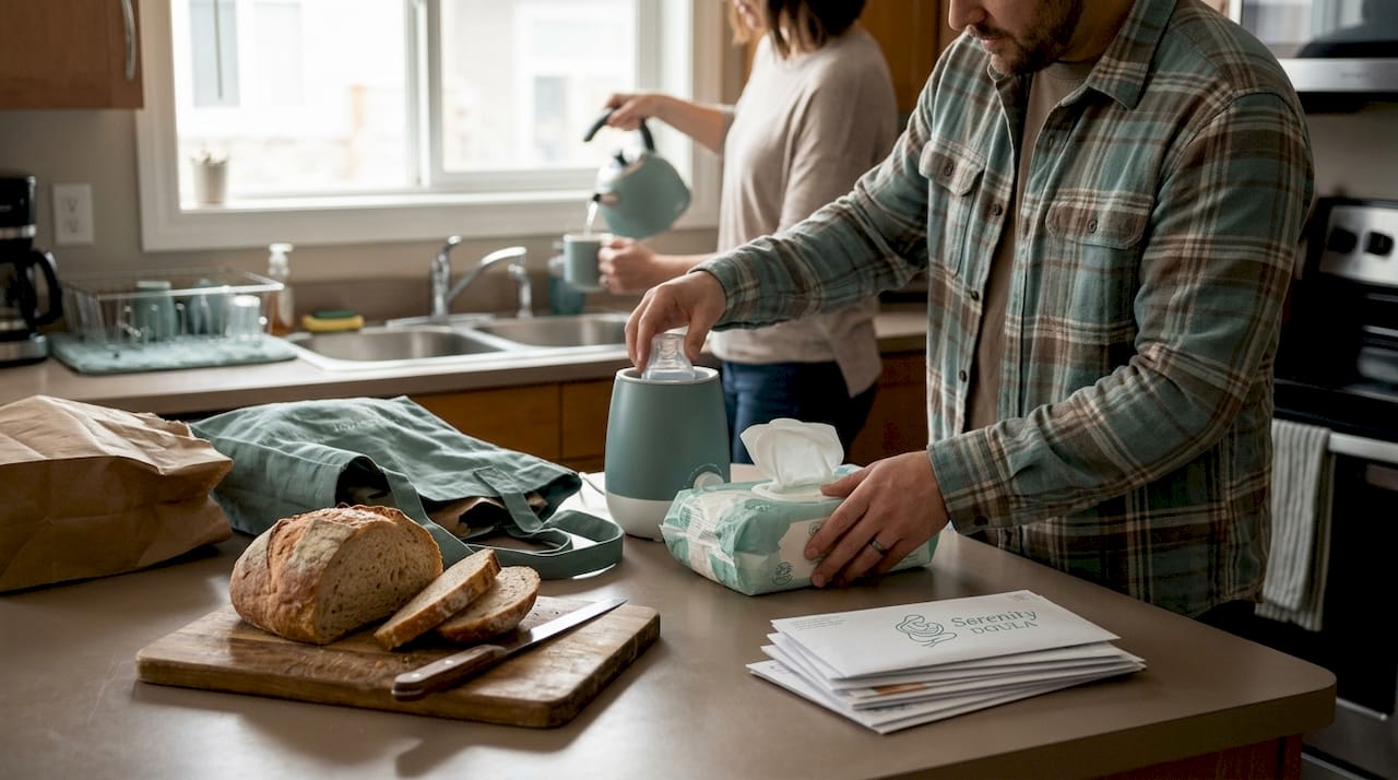 Dad sets up baby care station in kitchen