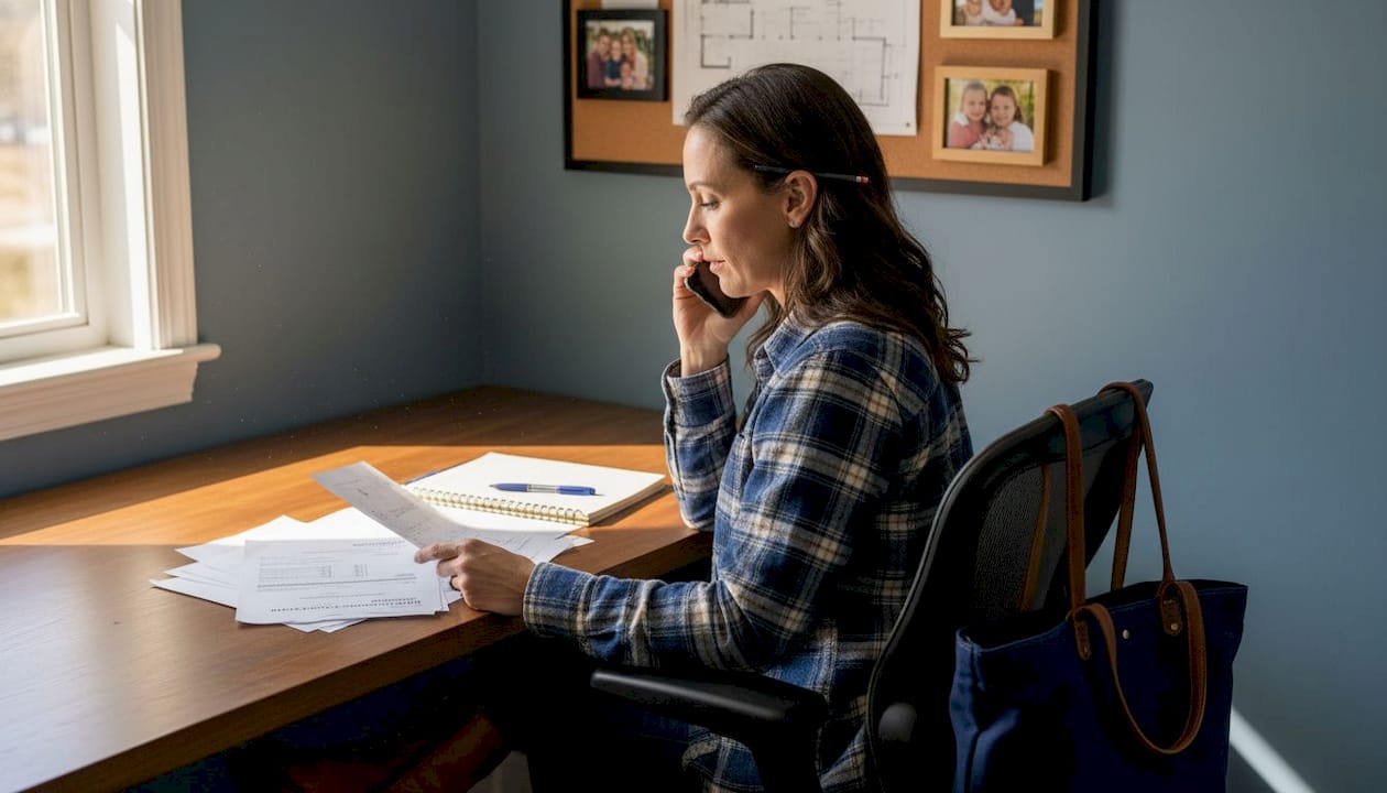 Contractor juggling phone and paperwork in home office